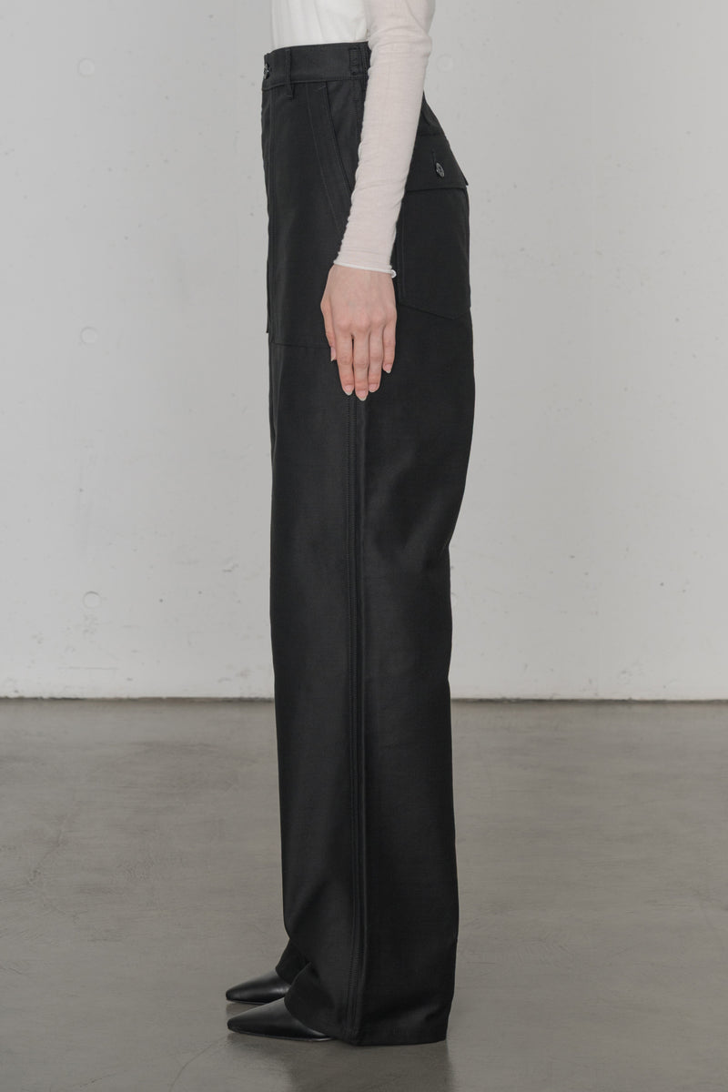 HYKE BACK SATIN BAKER PANTS サイズ4 HYKE / BACK SATIN BAKER PANTS (NAVY / OLIVE DRAB) | JUQUI Online