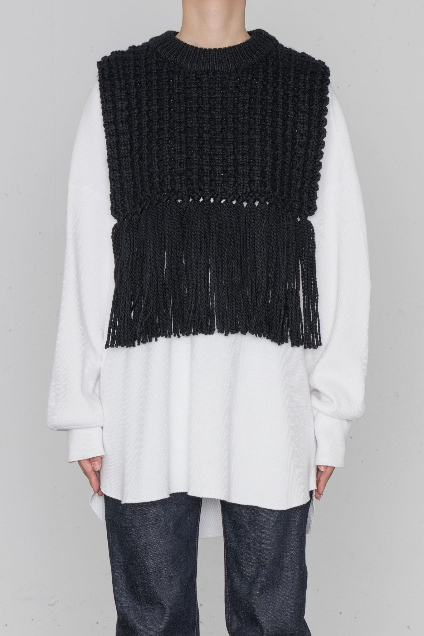 WAFFLE-KNIT SWEATER TOP WITH FRINGE