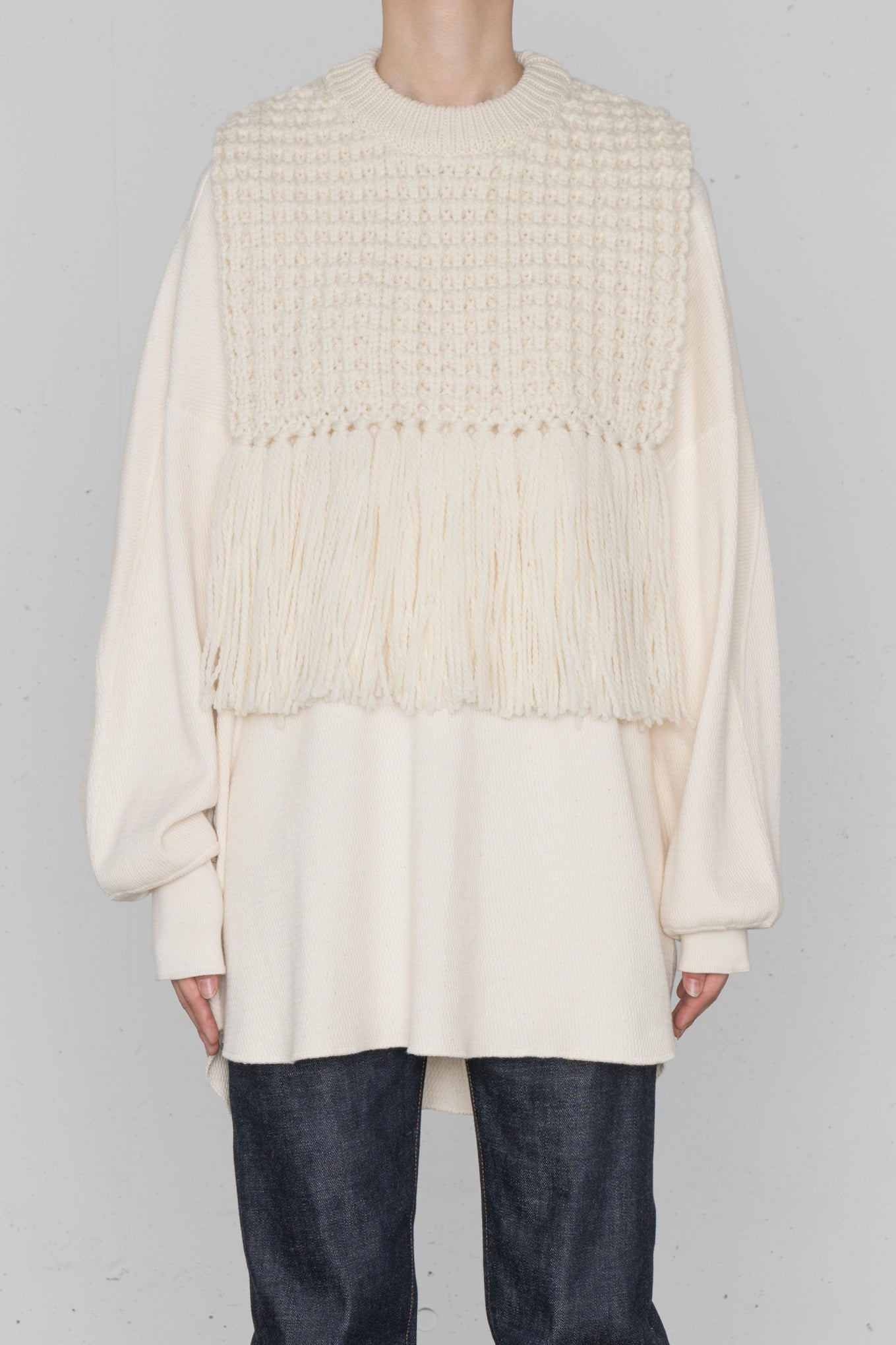 WAFFLE-KNIT SWEATER TOP WITH FRINGE