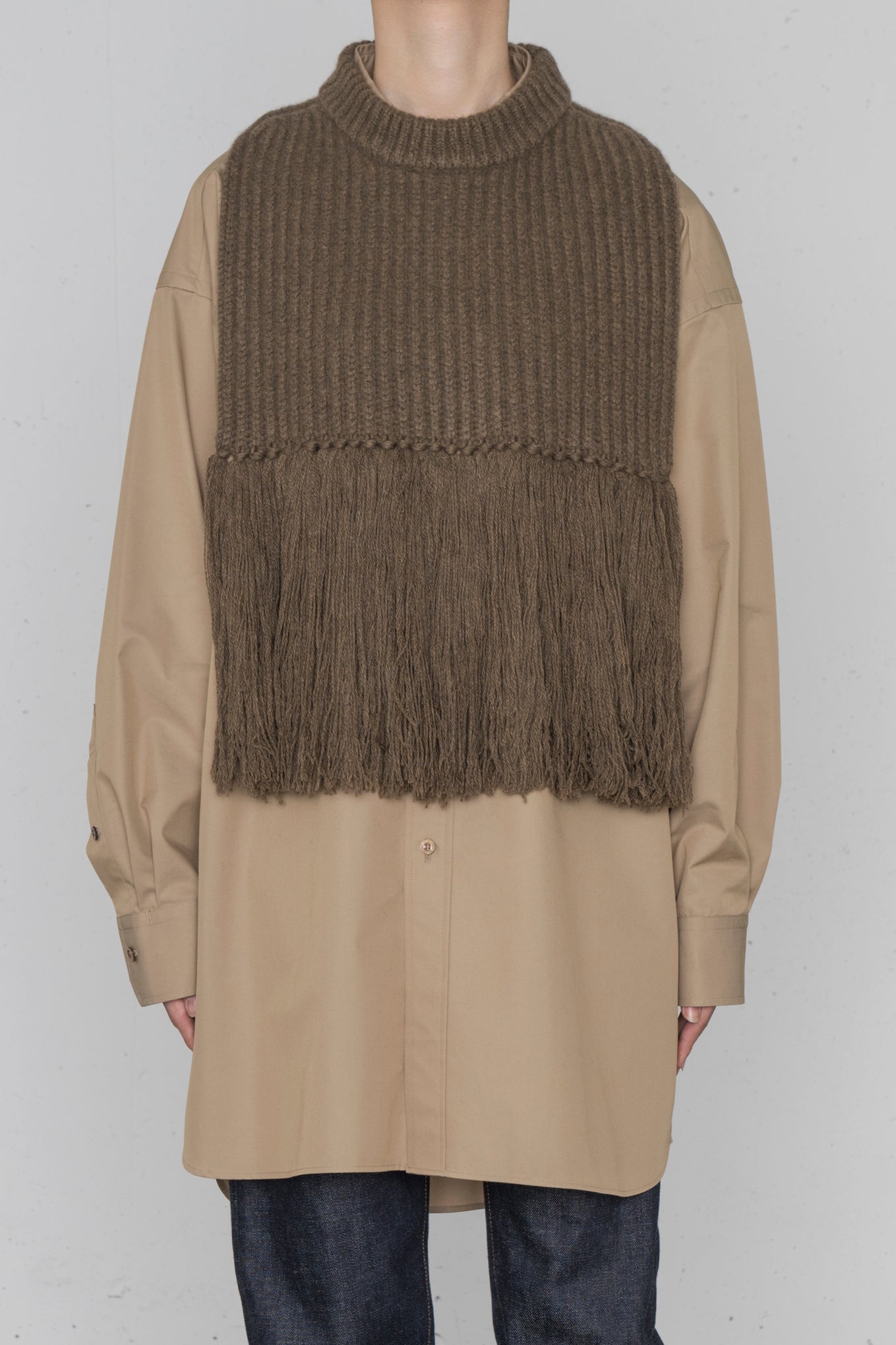 WOOL RIBBED SWEATER TOP WITH FRINGE