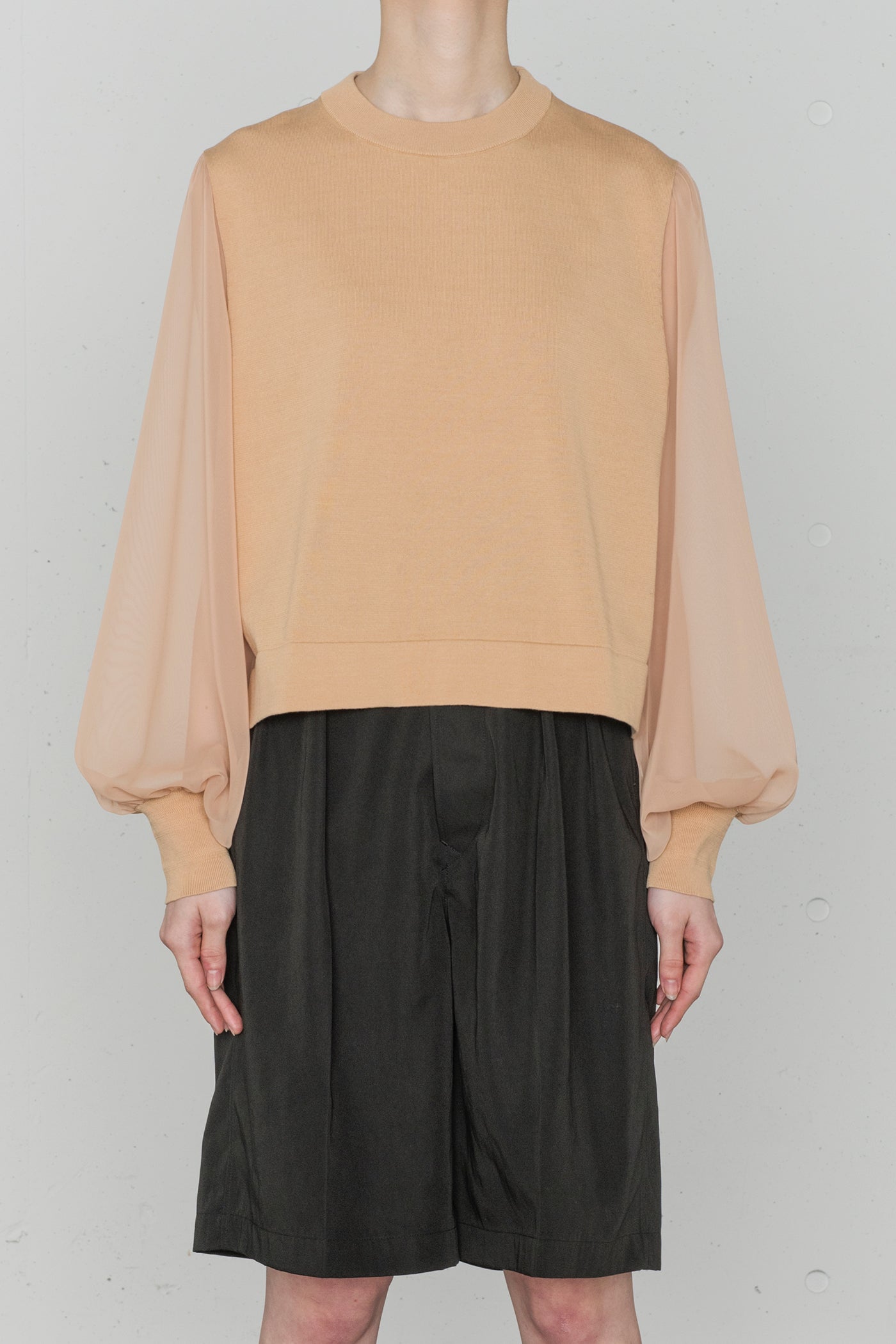 CREW NECK CROPPED SWEATER WITH SHEER SLEEVES – HYKE ONLINE STORE