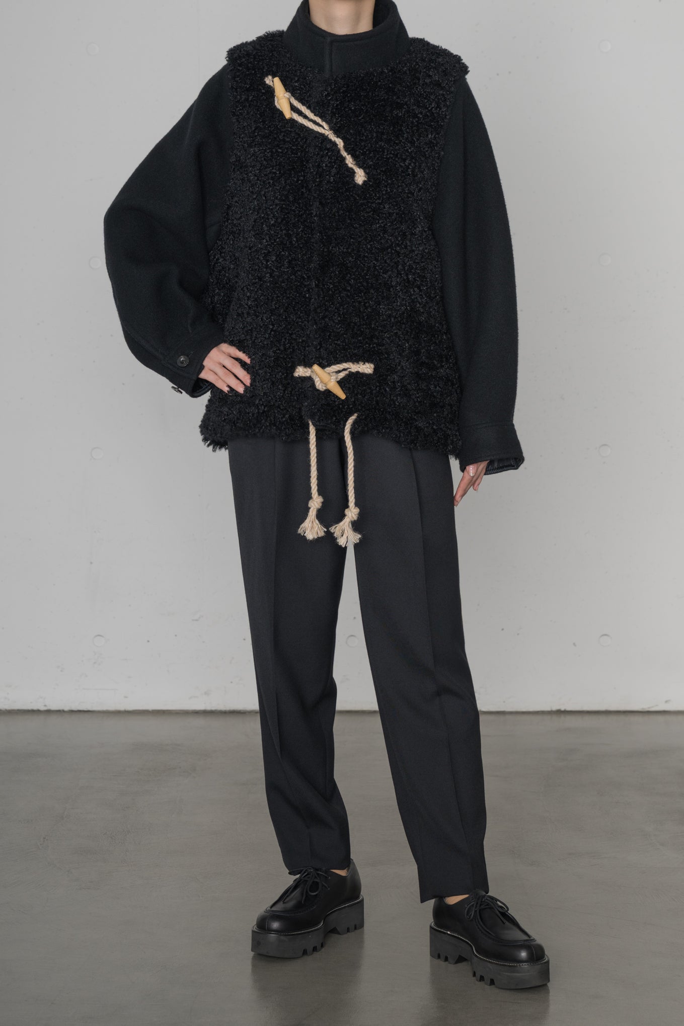 DOUBLE FACE FAUX SHEARLING DUFFEL JACKET