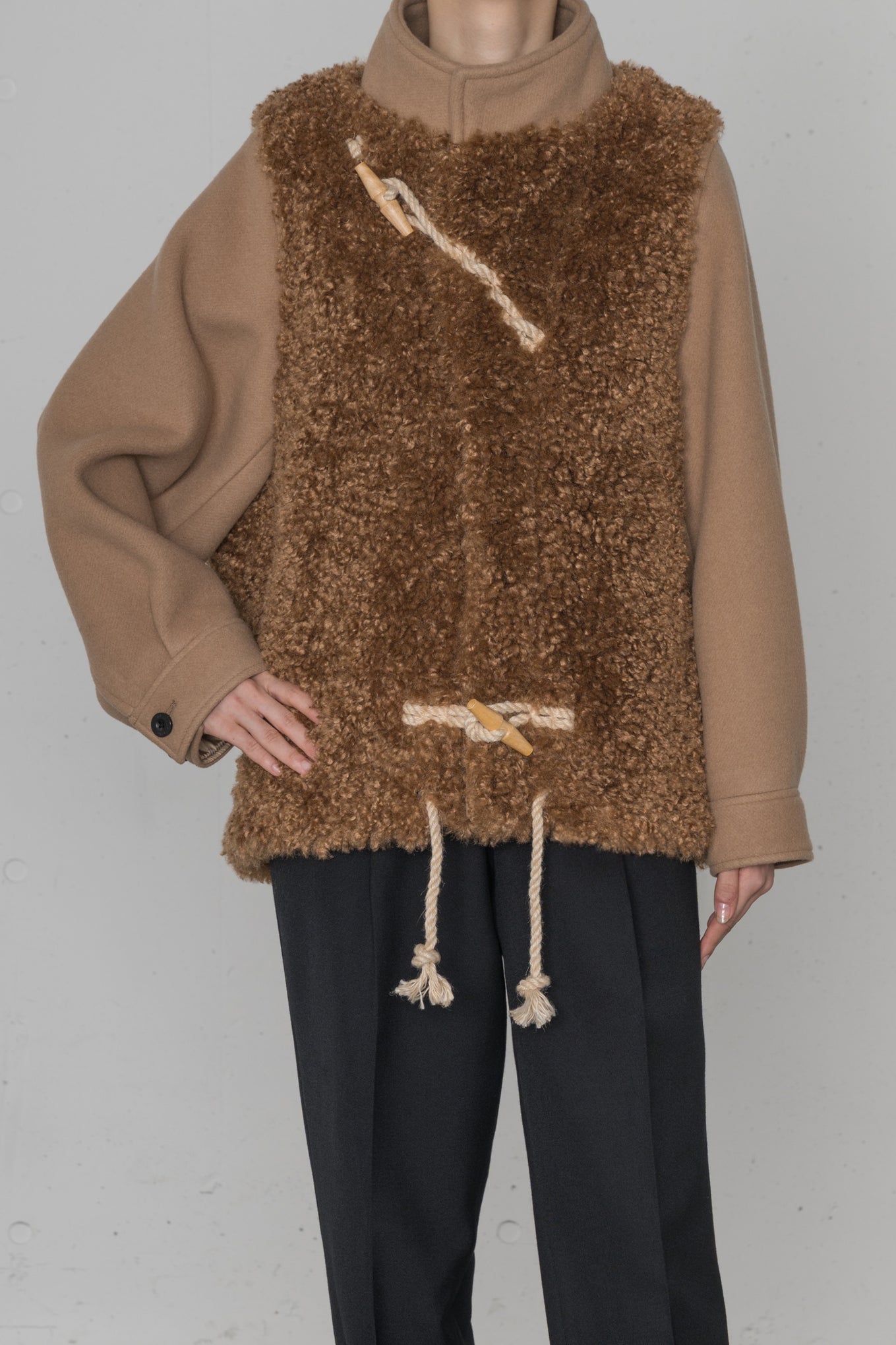 DOUBLE FACE FAUX SHEARLING DUFFEL JACKET