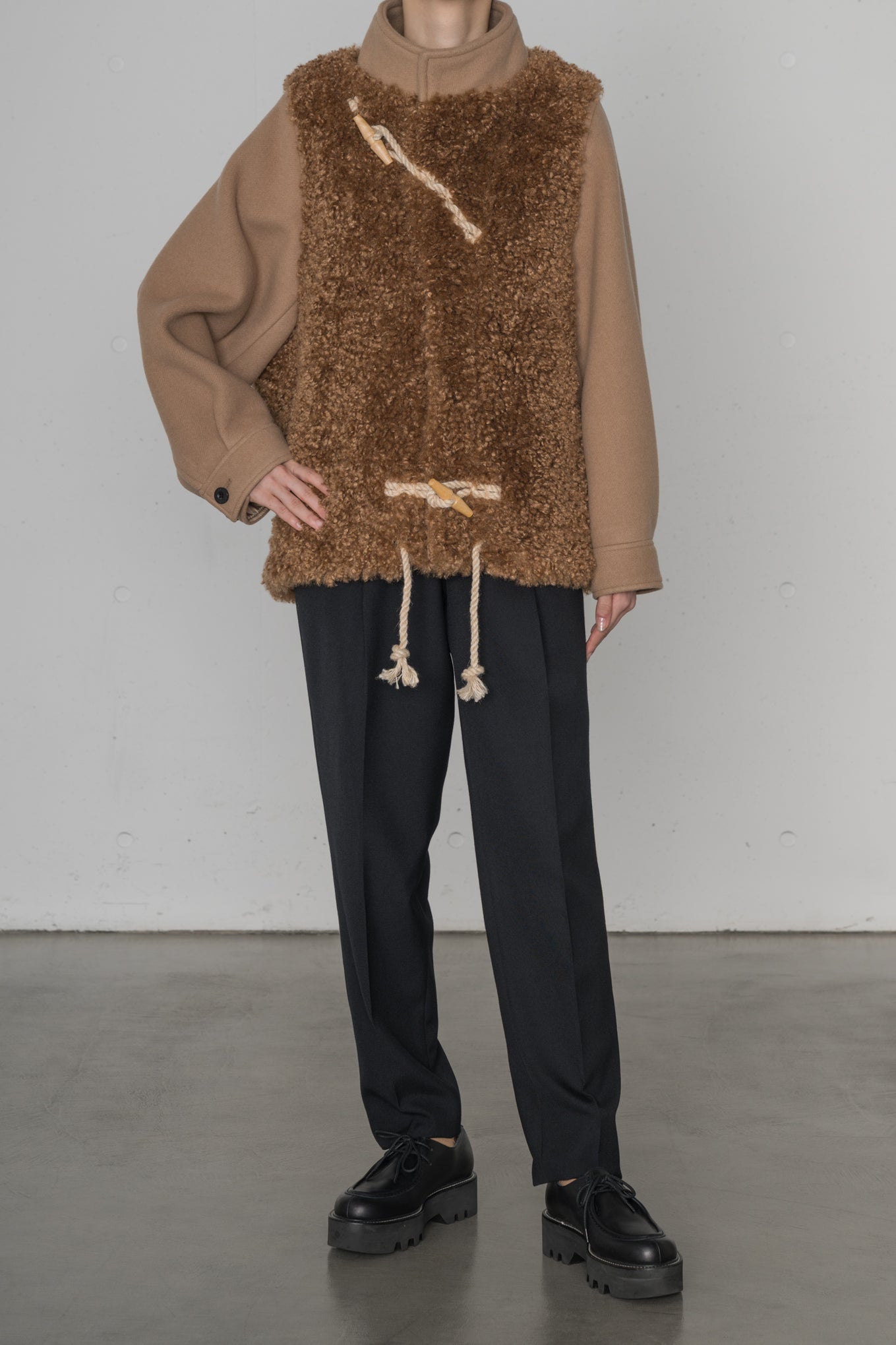 DOUBLE FACE FAUX SHEARLING DUFFEL JACKET