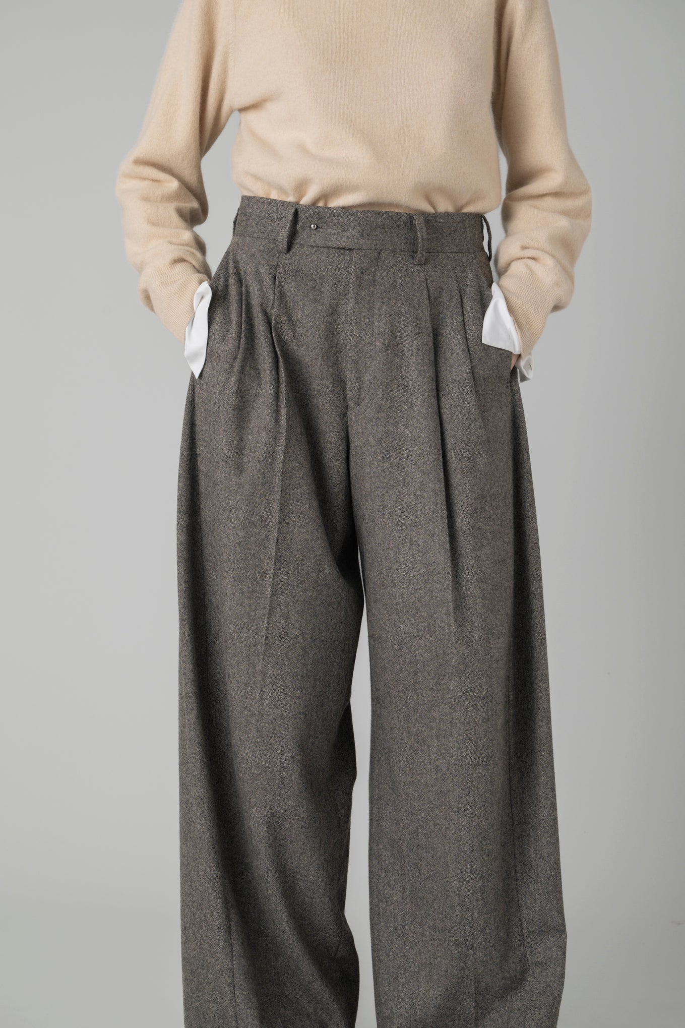 TWEED WIDE BARREL LEG PANTS