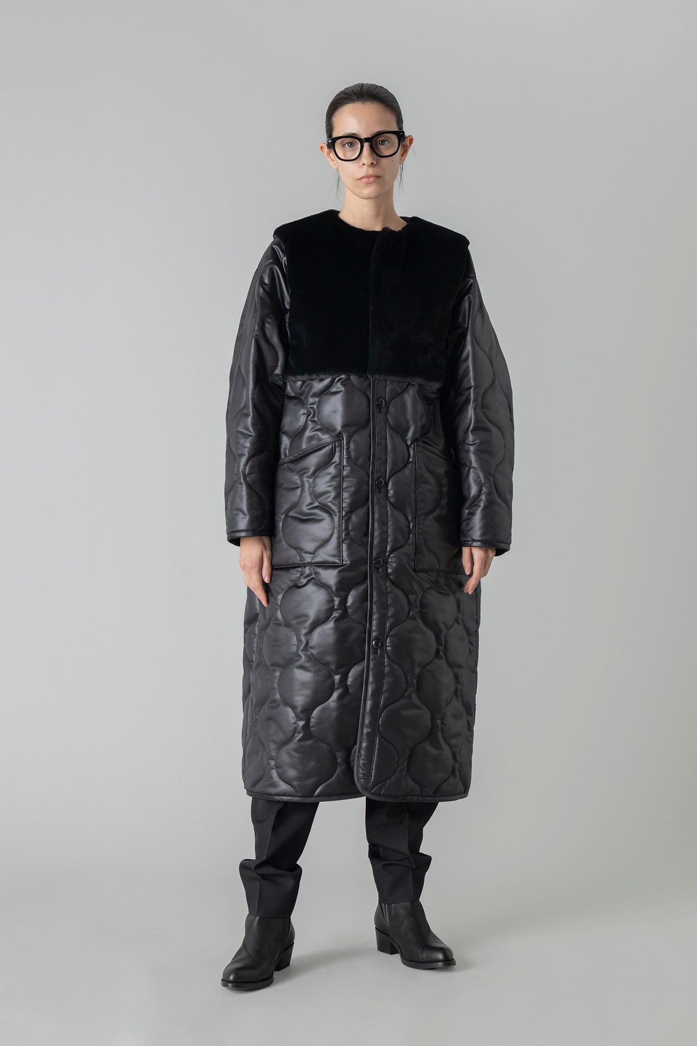 FAUX SHEARLING-PANELED LEATHER QUILTED COAT