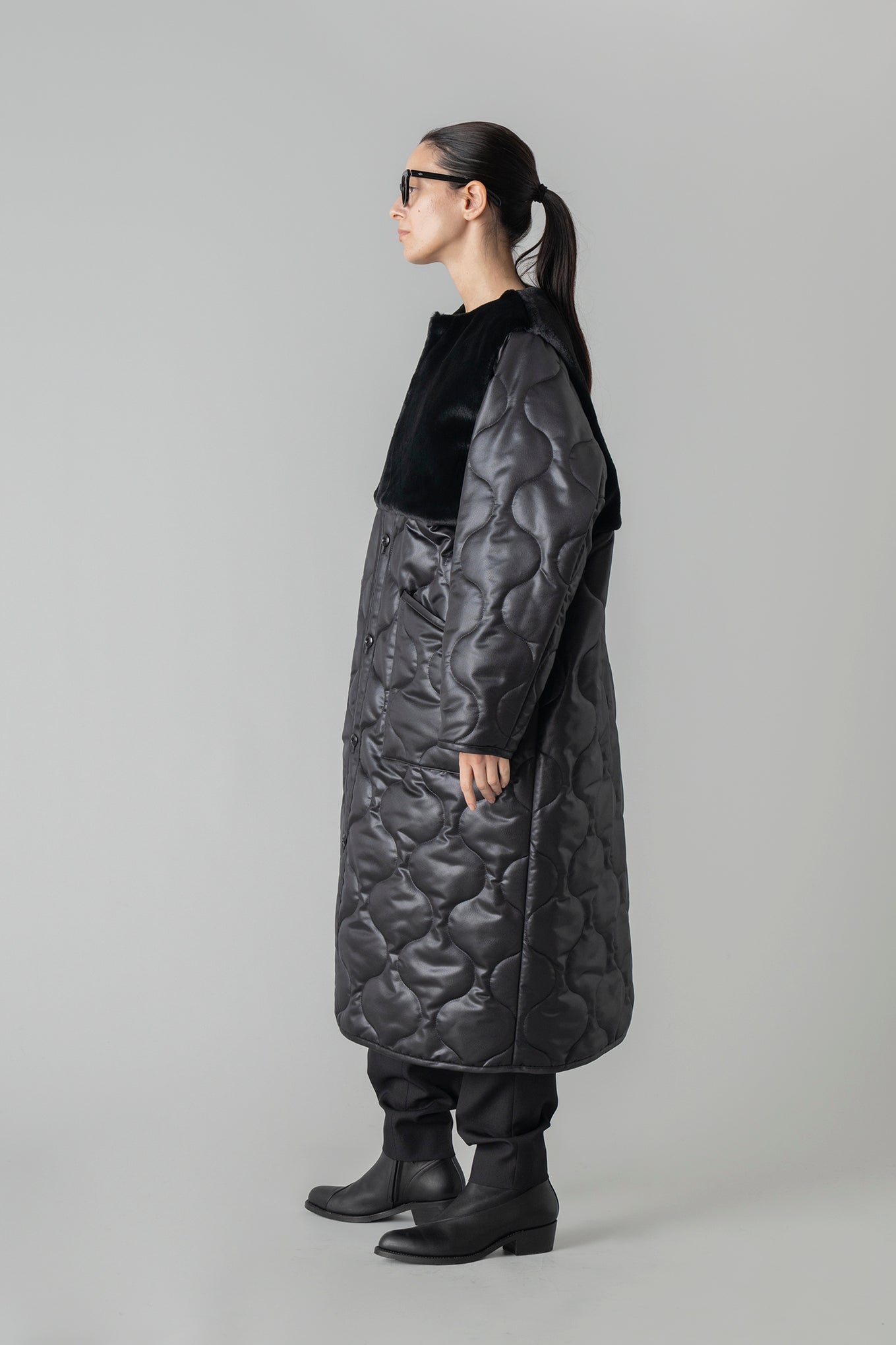FAUX SHEARLING-PANELED LEATHER QUILTED COAT