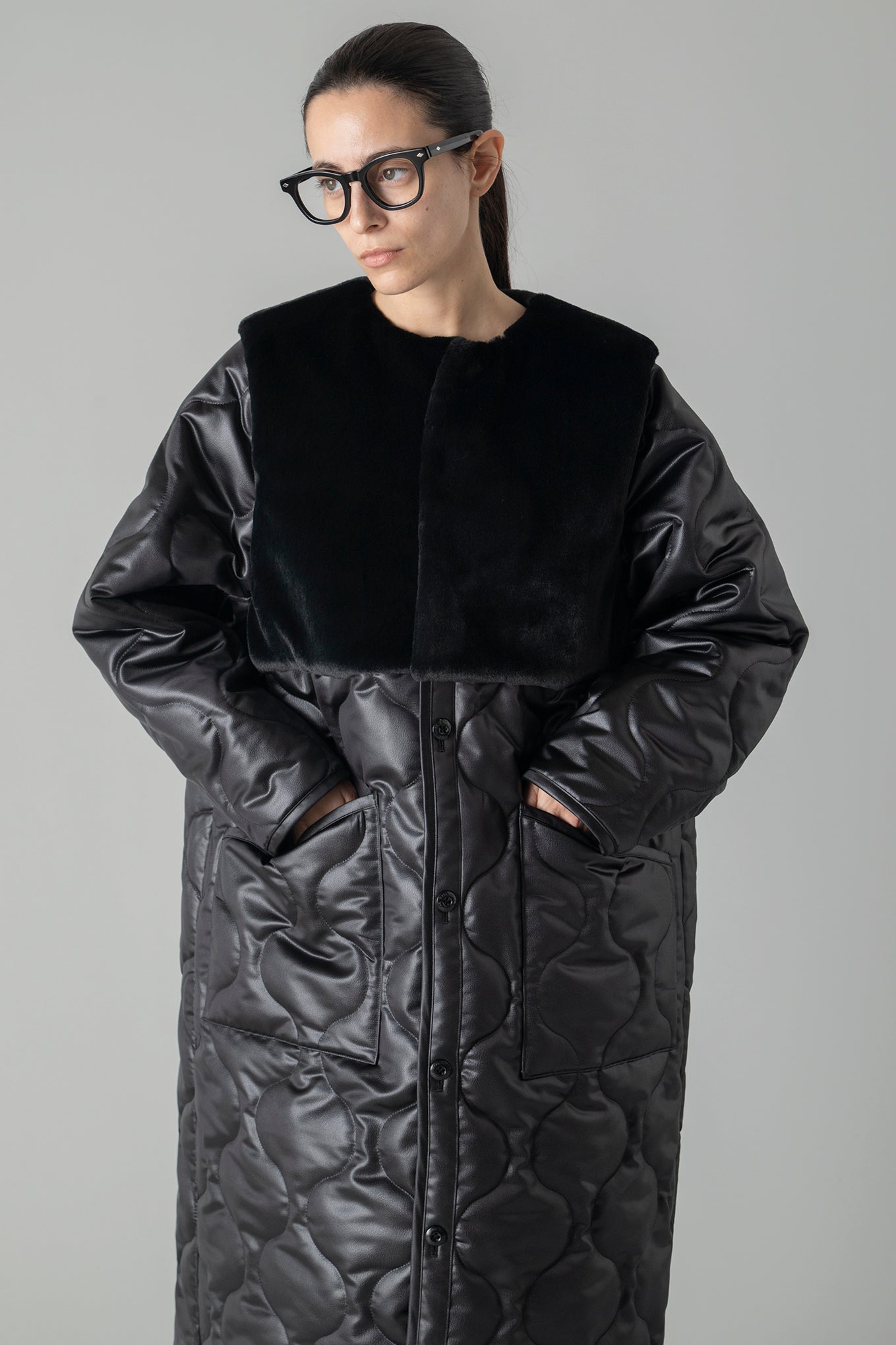 FAUX SHEARLING-PANELED LEATHER QUILTED COAT