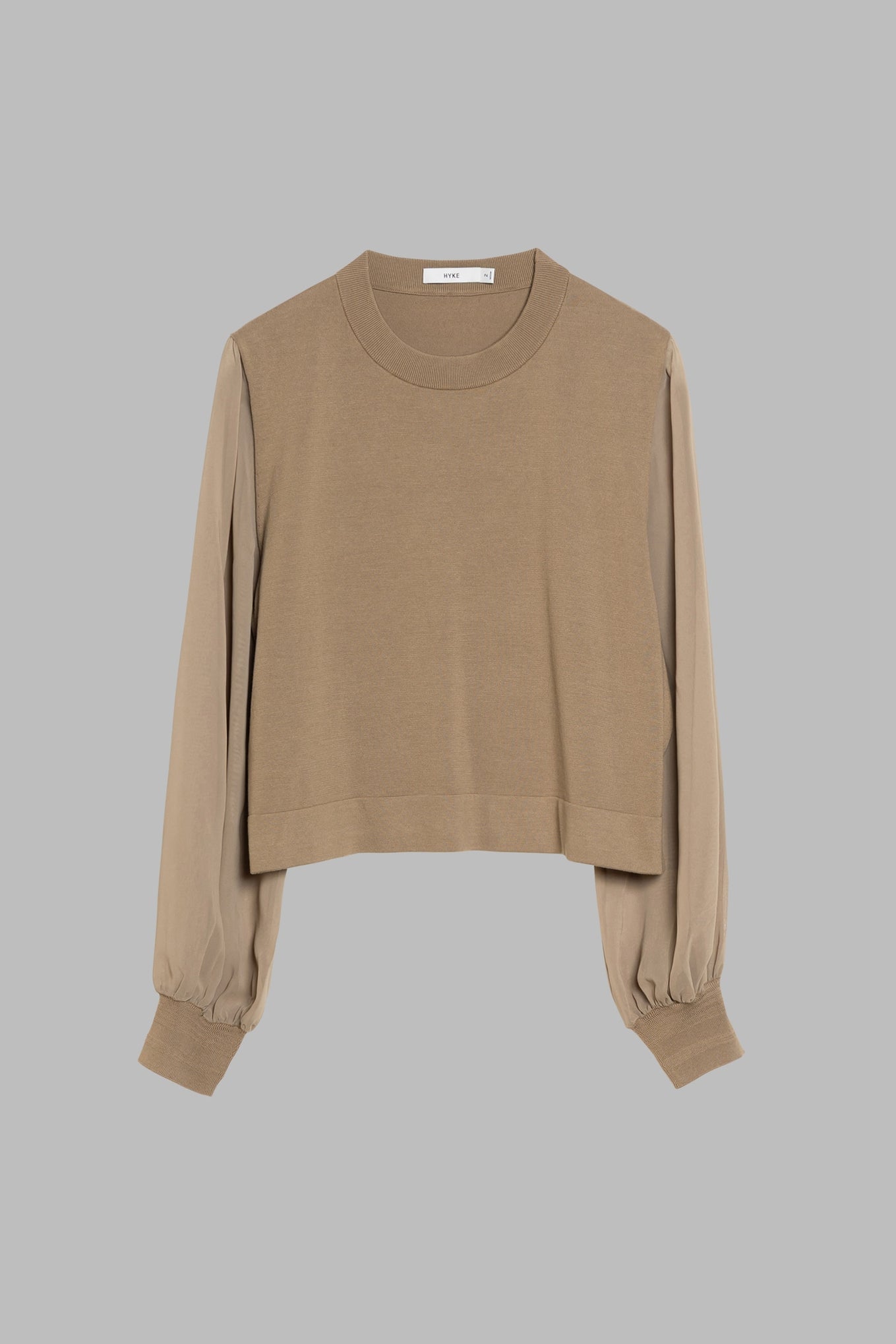 SHEER SLEEVES<br>CREW NECK CROPPED KNIT