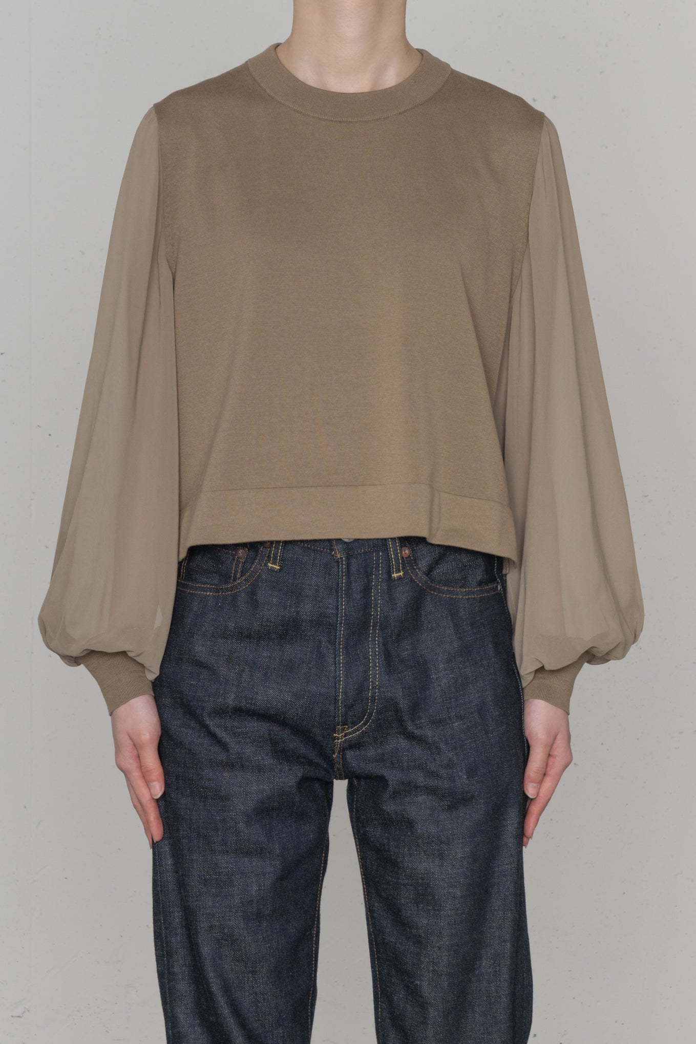 SHEER SLEEVES<br>CREW NECK CROPPED KNIT