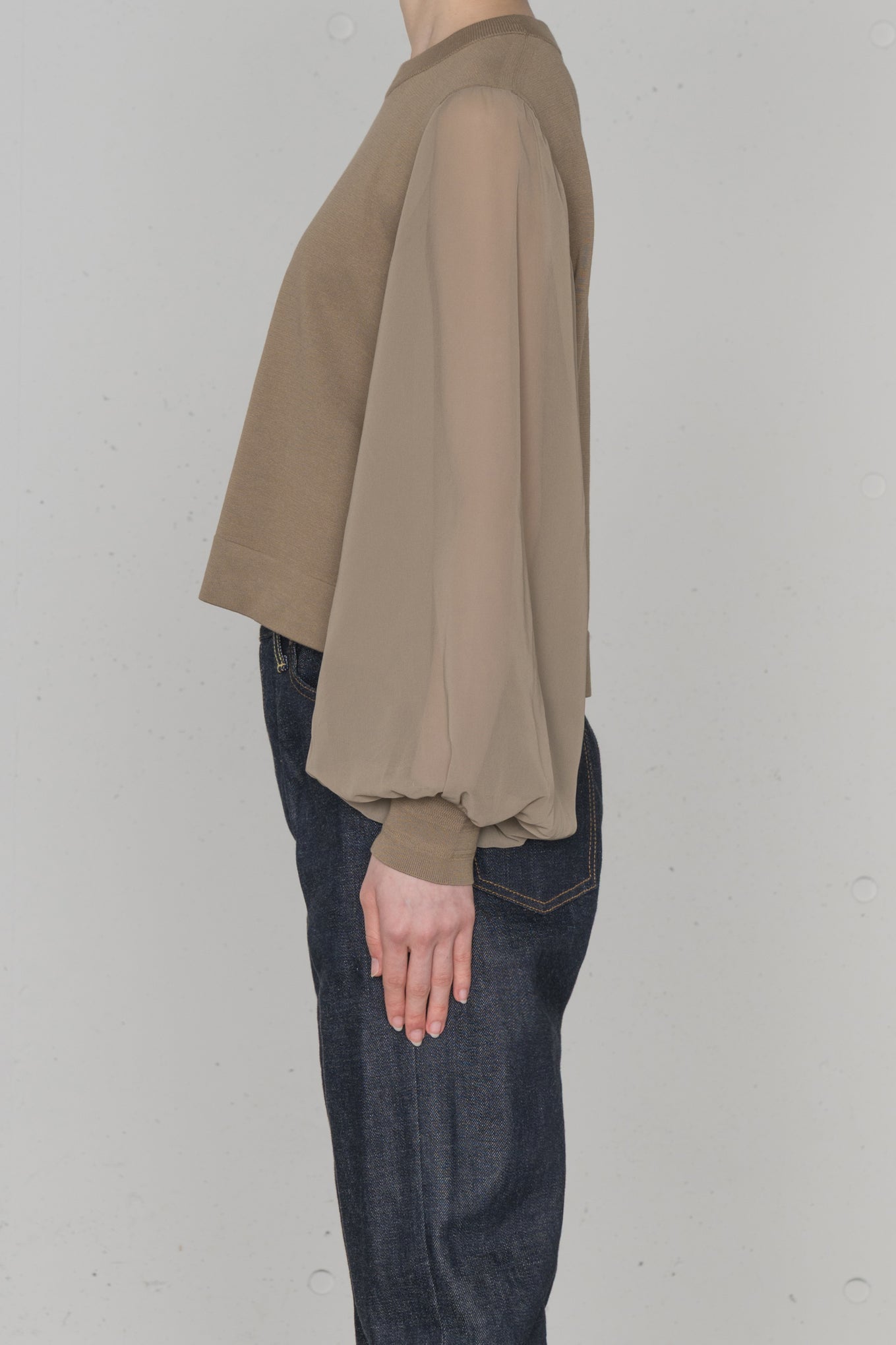 SHEER SLEEVES<br>CREW NECK CROPPED KNIT