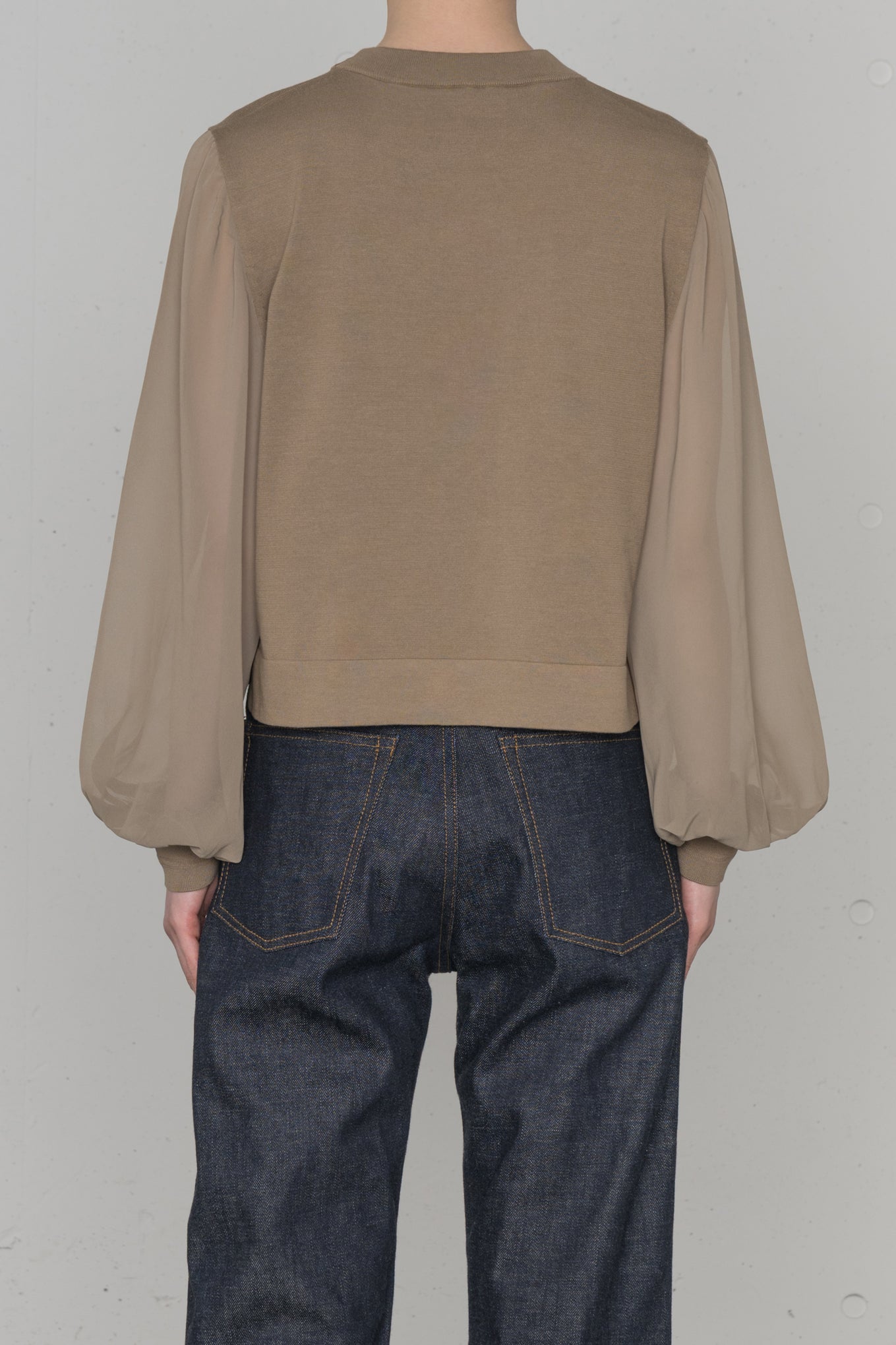 SHEER SLEEVES<br>CREW NECK CROPPED KNIT