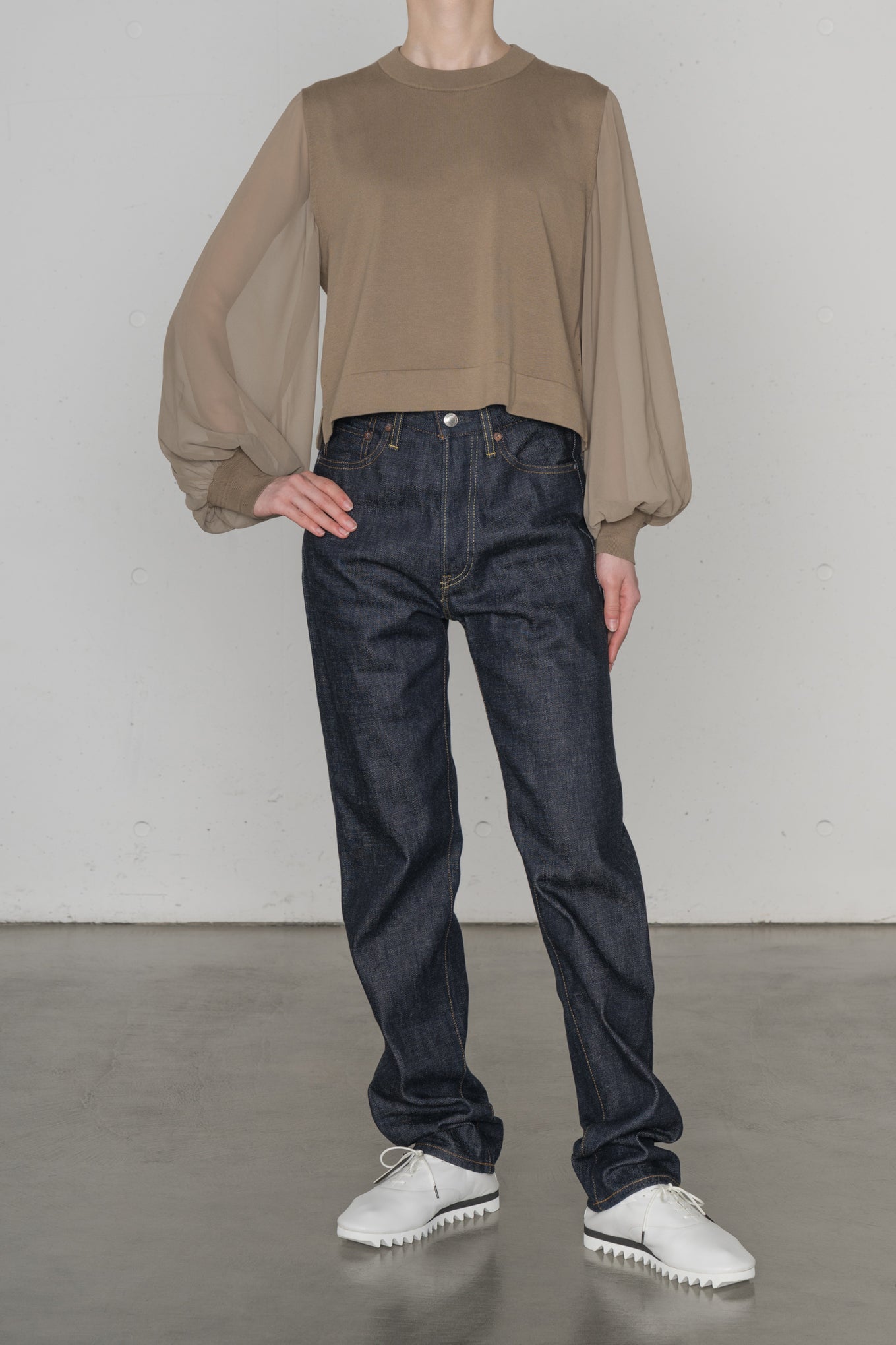 SHEER SLEEVES<br>CREW NECK CROPPED KNIT