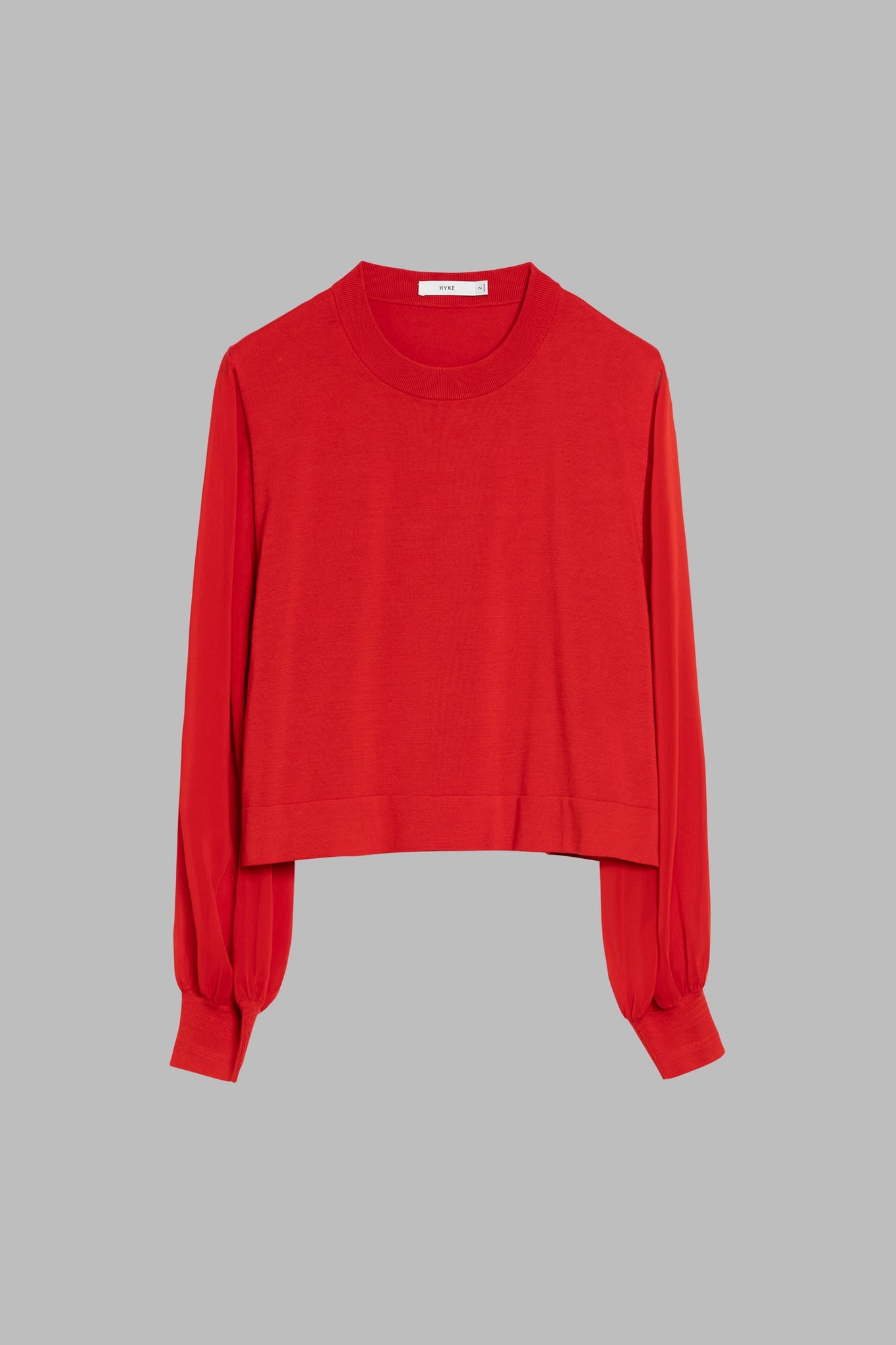 SHEER SLEEVES<br>CREW NECK CROPPED KNIT