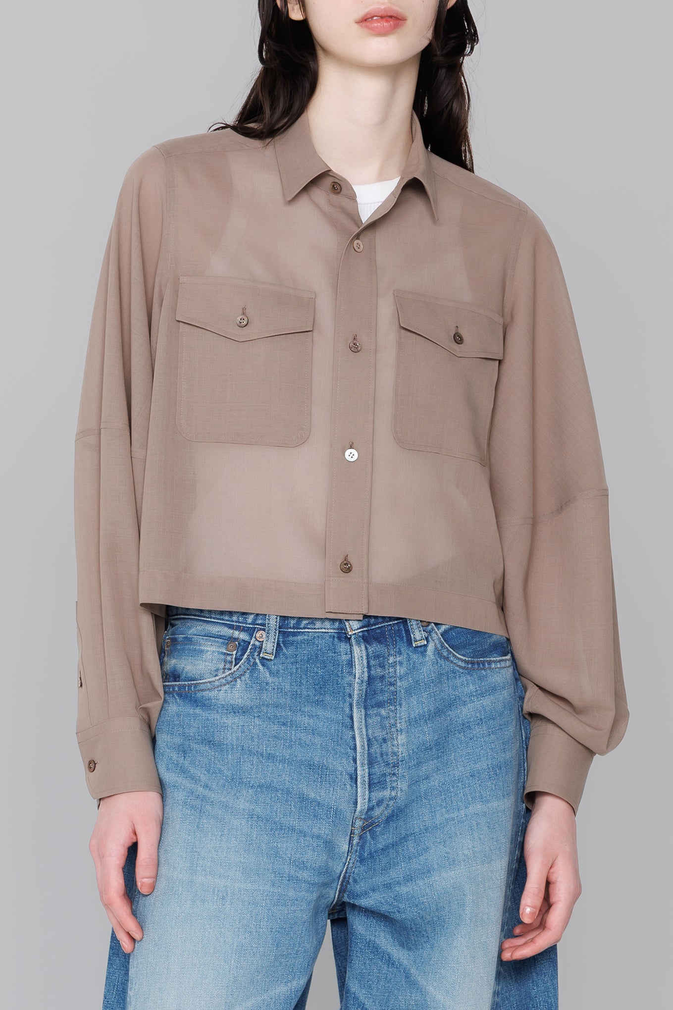 T/W VOILE BALLOON SLEEVE CROPPED SHIRT