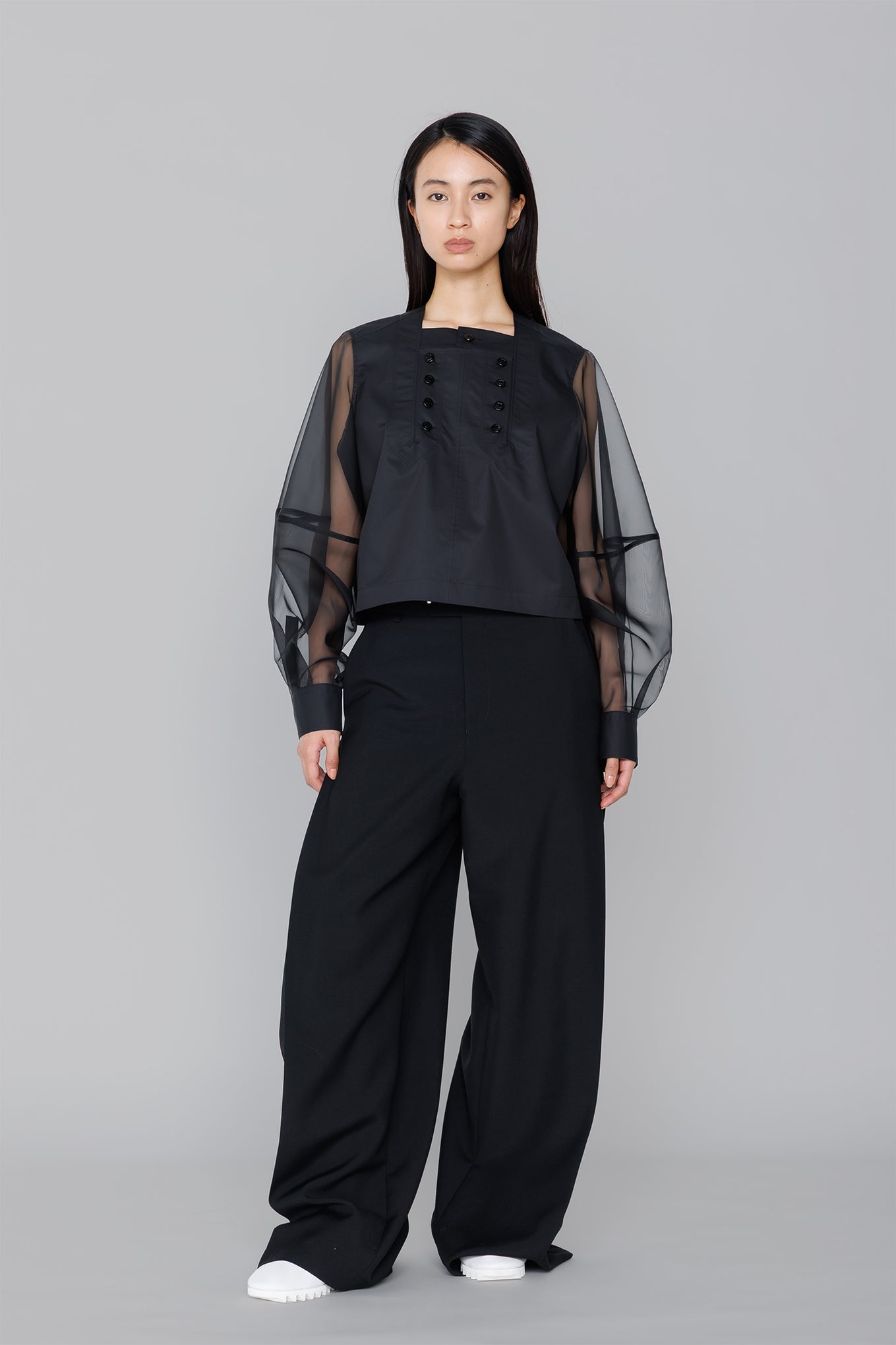 T/C SHEER SLEEVE SAILOR CROPPED BLOUSE