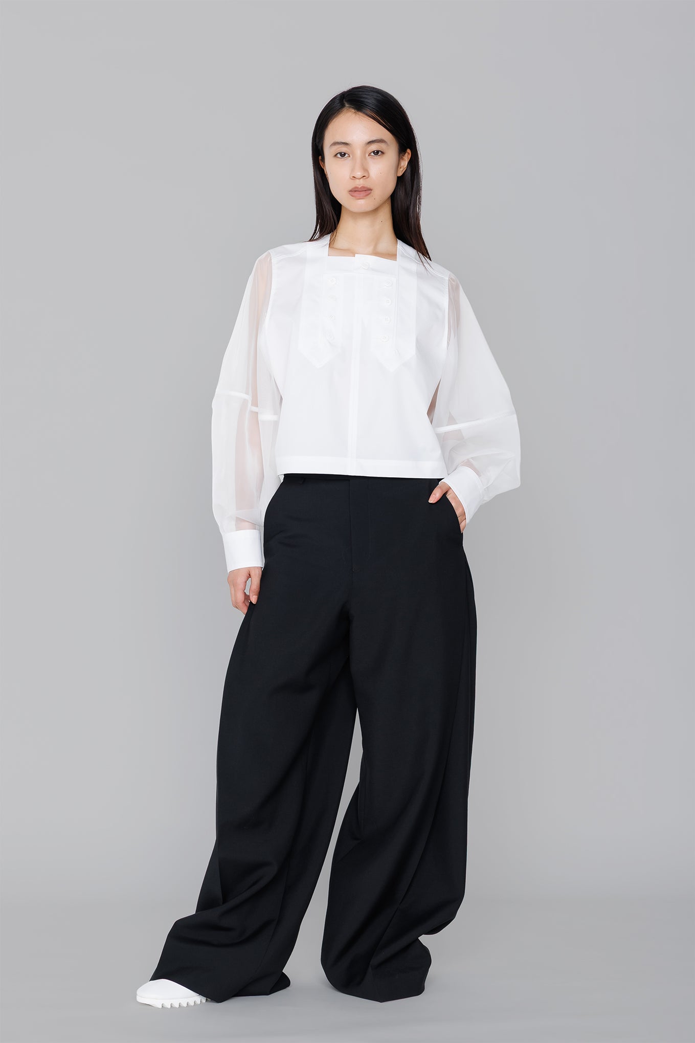 T/C SHEER SLEEVE SAILOR CROPPED BLOUSE
