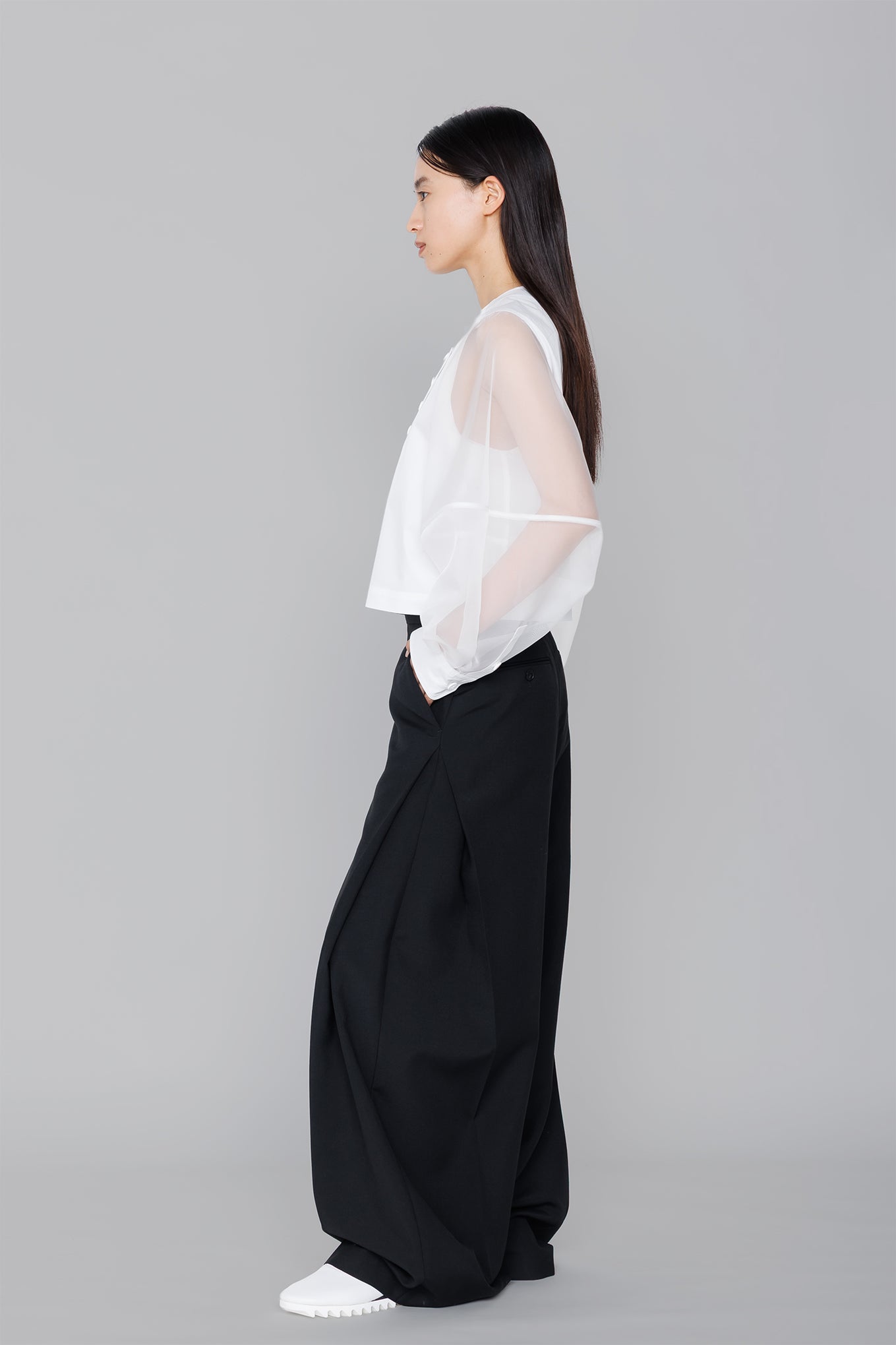 T/C SHEER SLEEVE SAILOR CROPPED BLOUSE