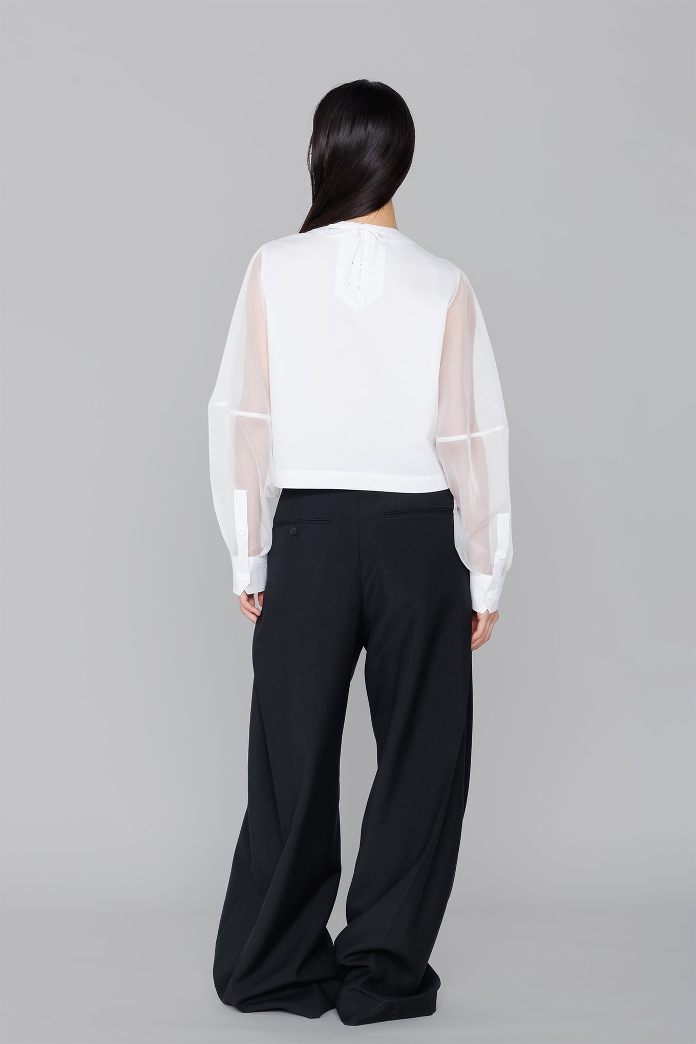 T/C SHEER SLEEVE SAILOR CROPPED BLOUSE
