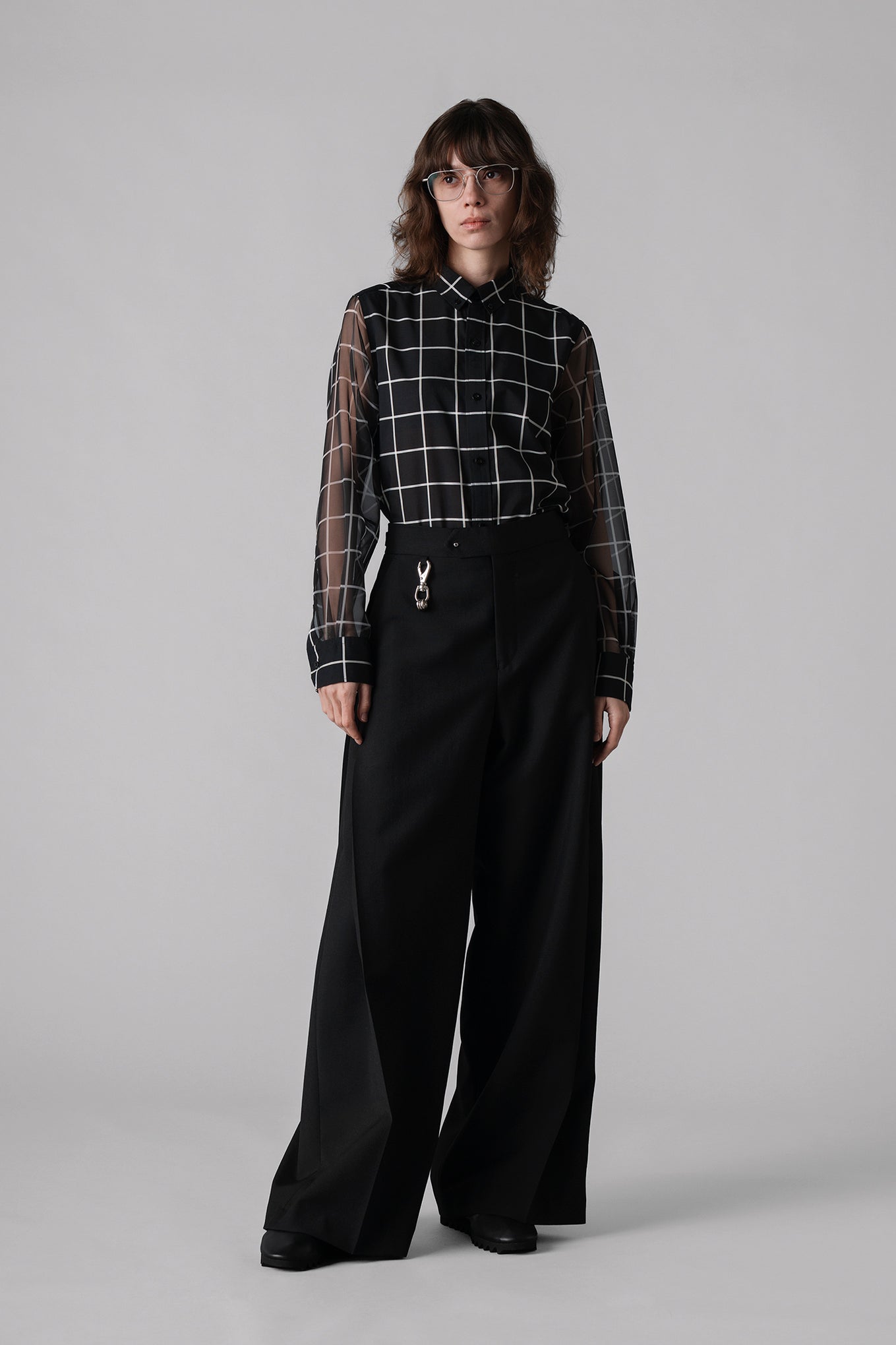 SHEER SLEEVE WINDOWPANE BLOUSE