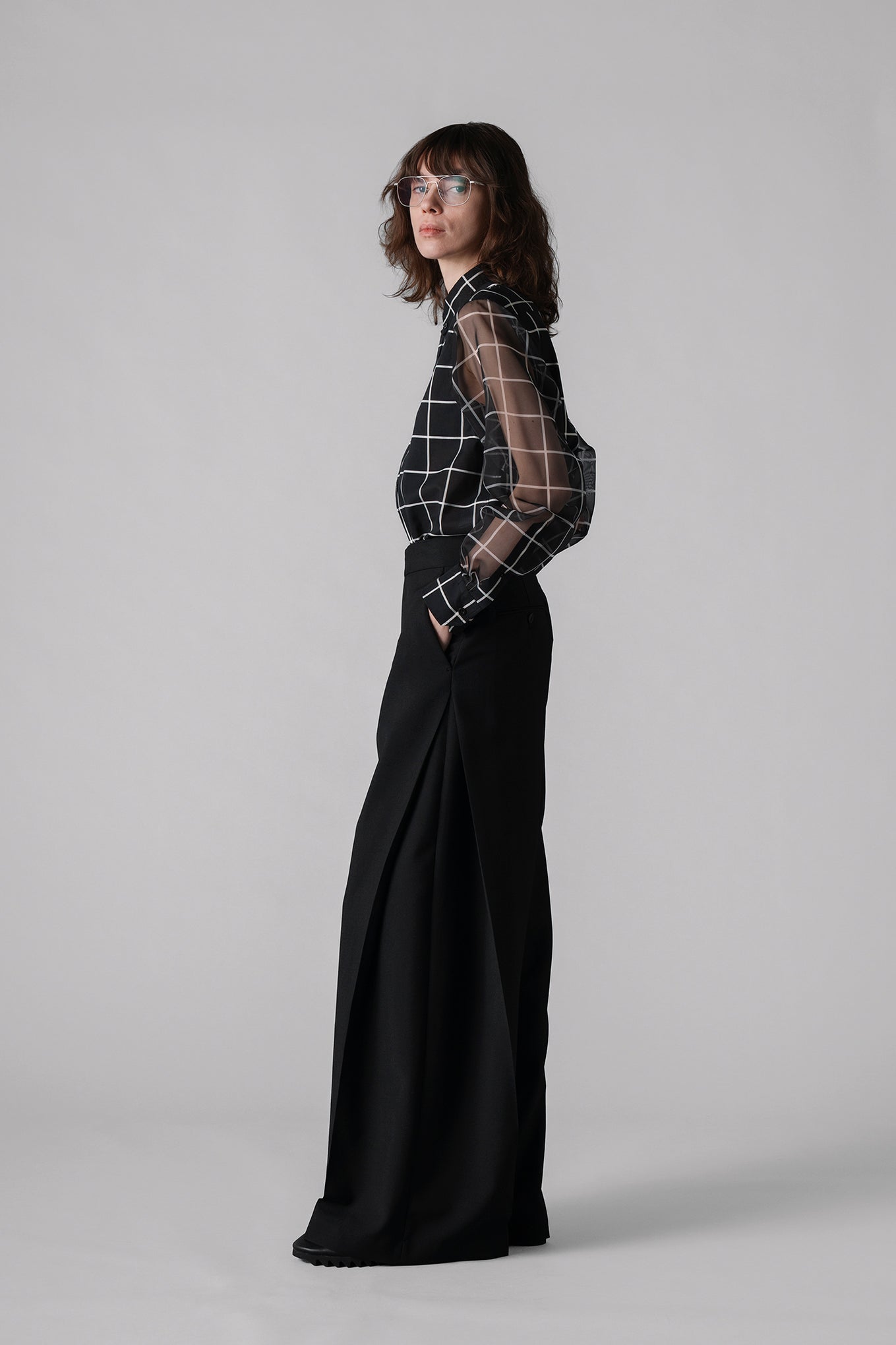 SHEER SLEEVE WINDOWPANE BLOUSE