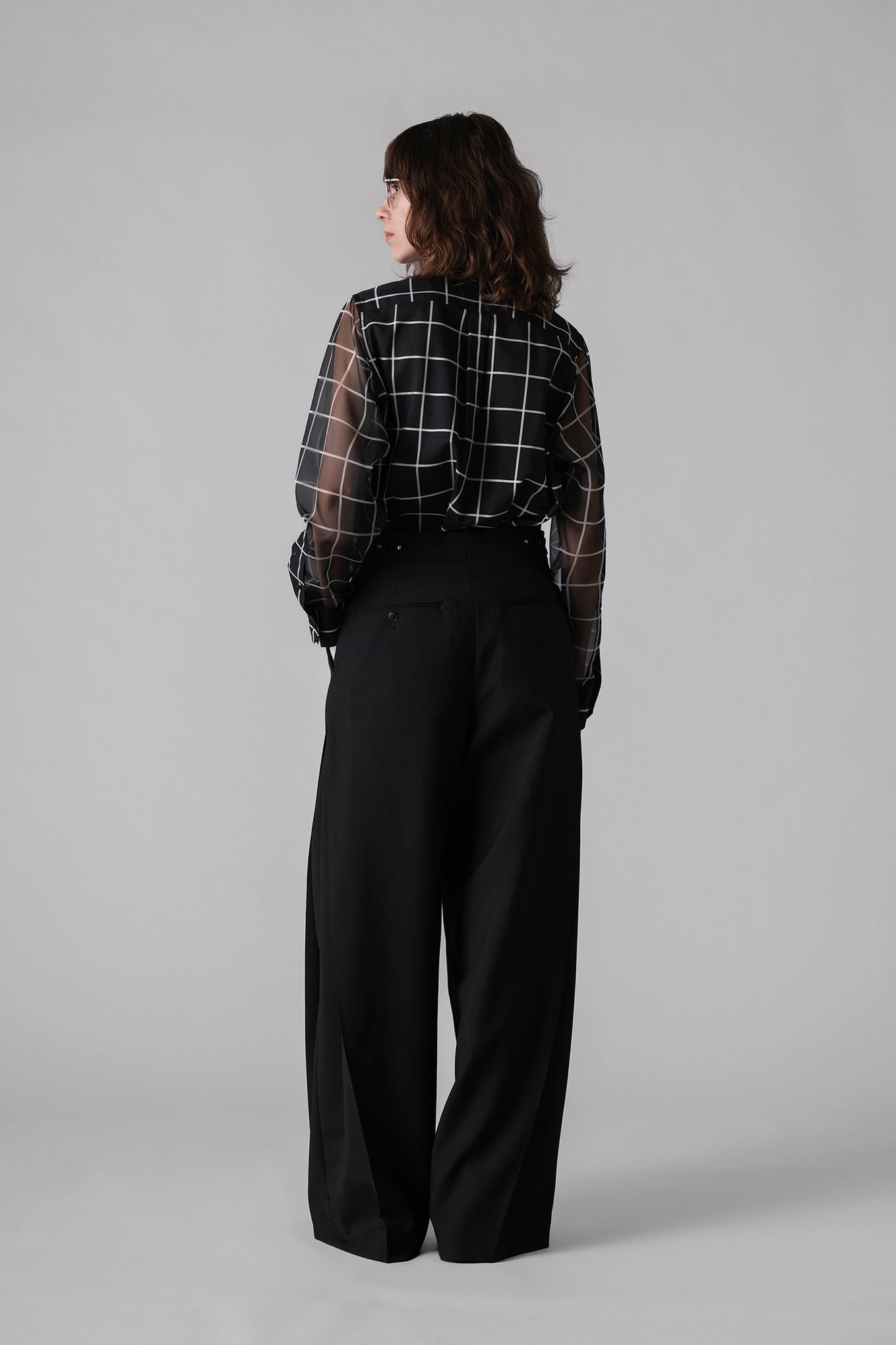 SHEER SLEEVE WINDOWPANE BLOUSE