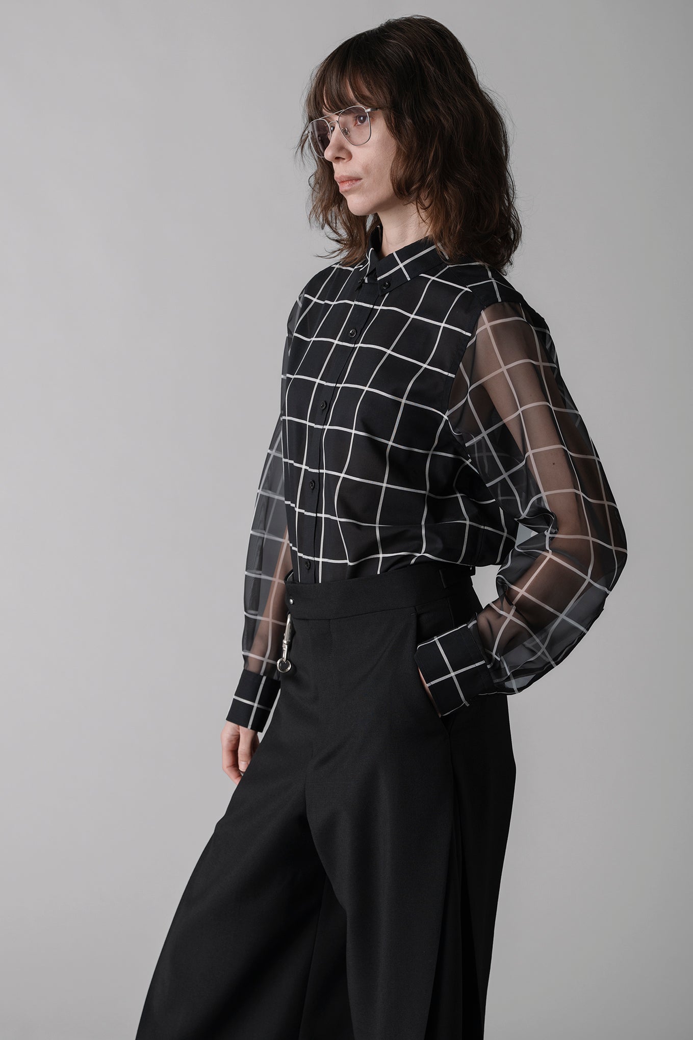 SHEER SLEEVE WINDOWPANE BLOUSE