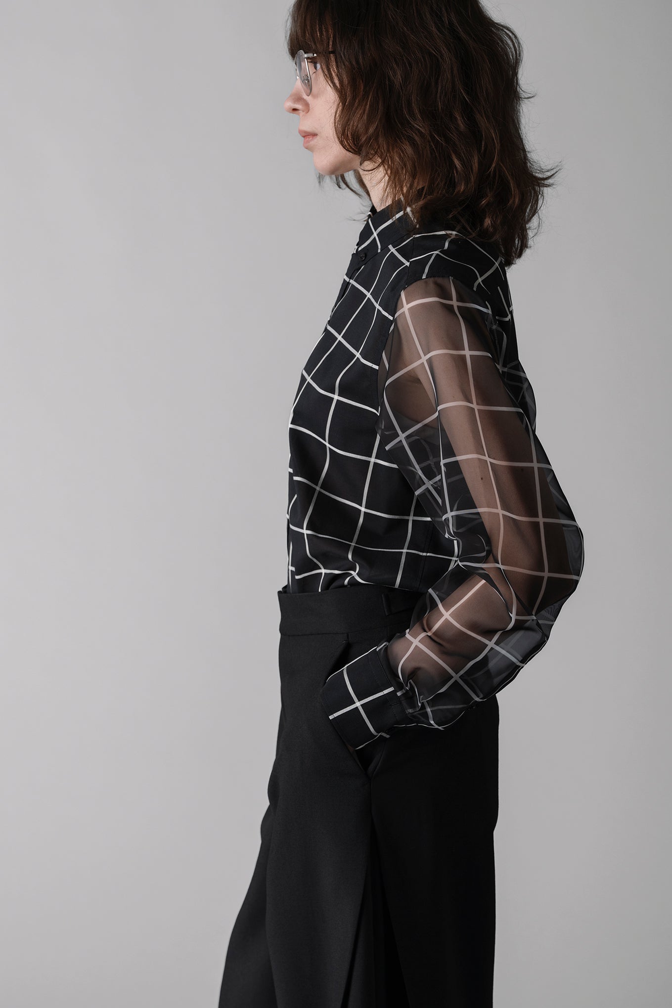 SHEER SLEEVE WINDOWPANE BLOUSE