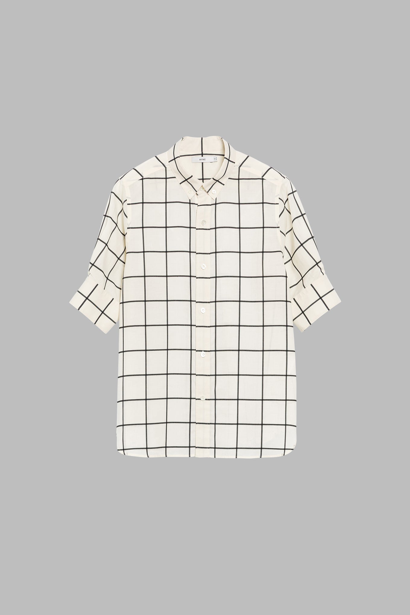 SHEER BACK WINDOWPANE SHORT-SLV BLOUSE