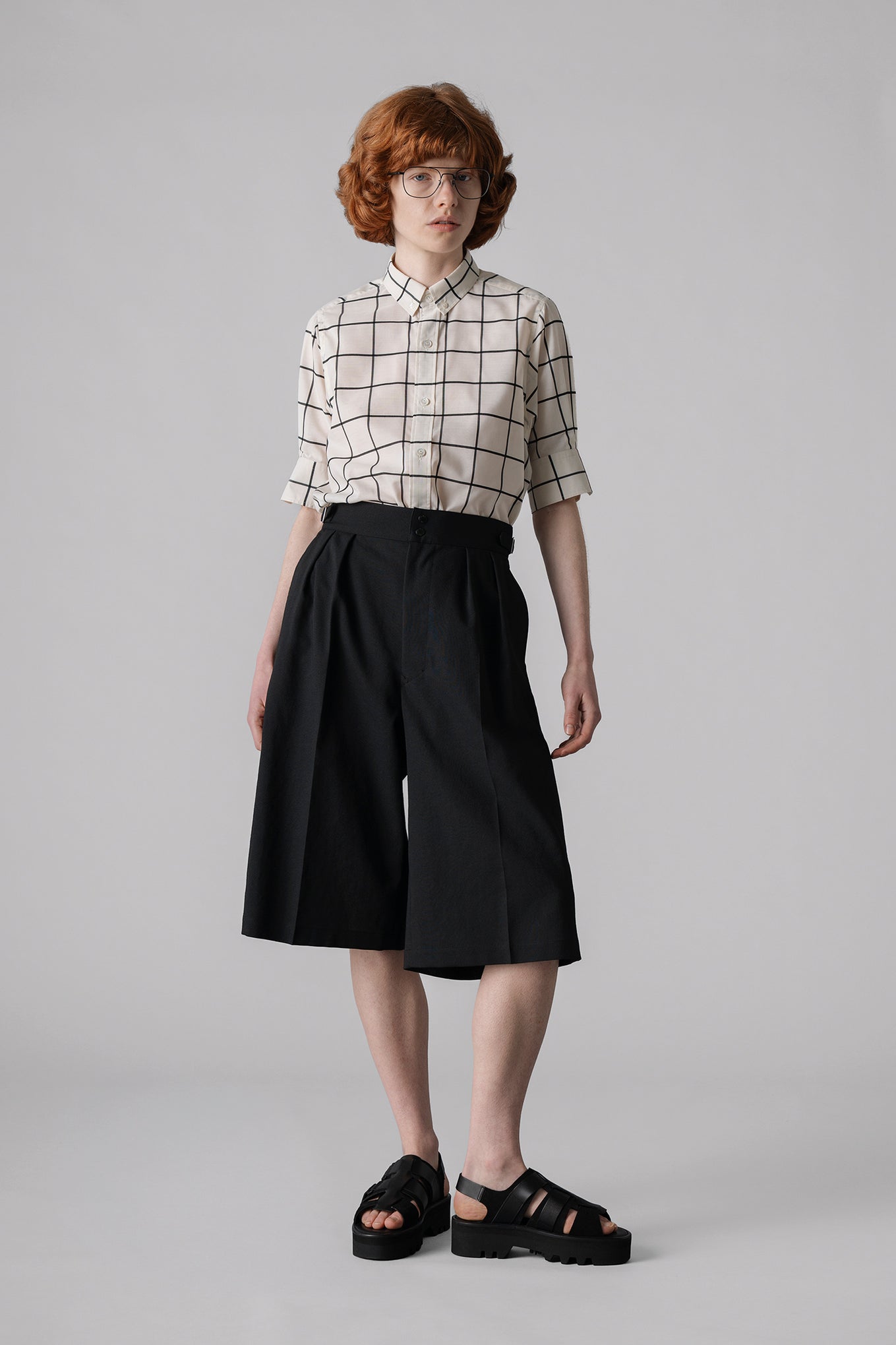 SHEER BACK WINDOWPANE SHORT-SLV BLOUSE – HYKE ONLINE STORE