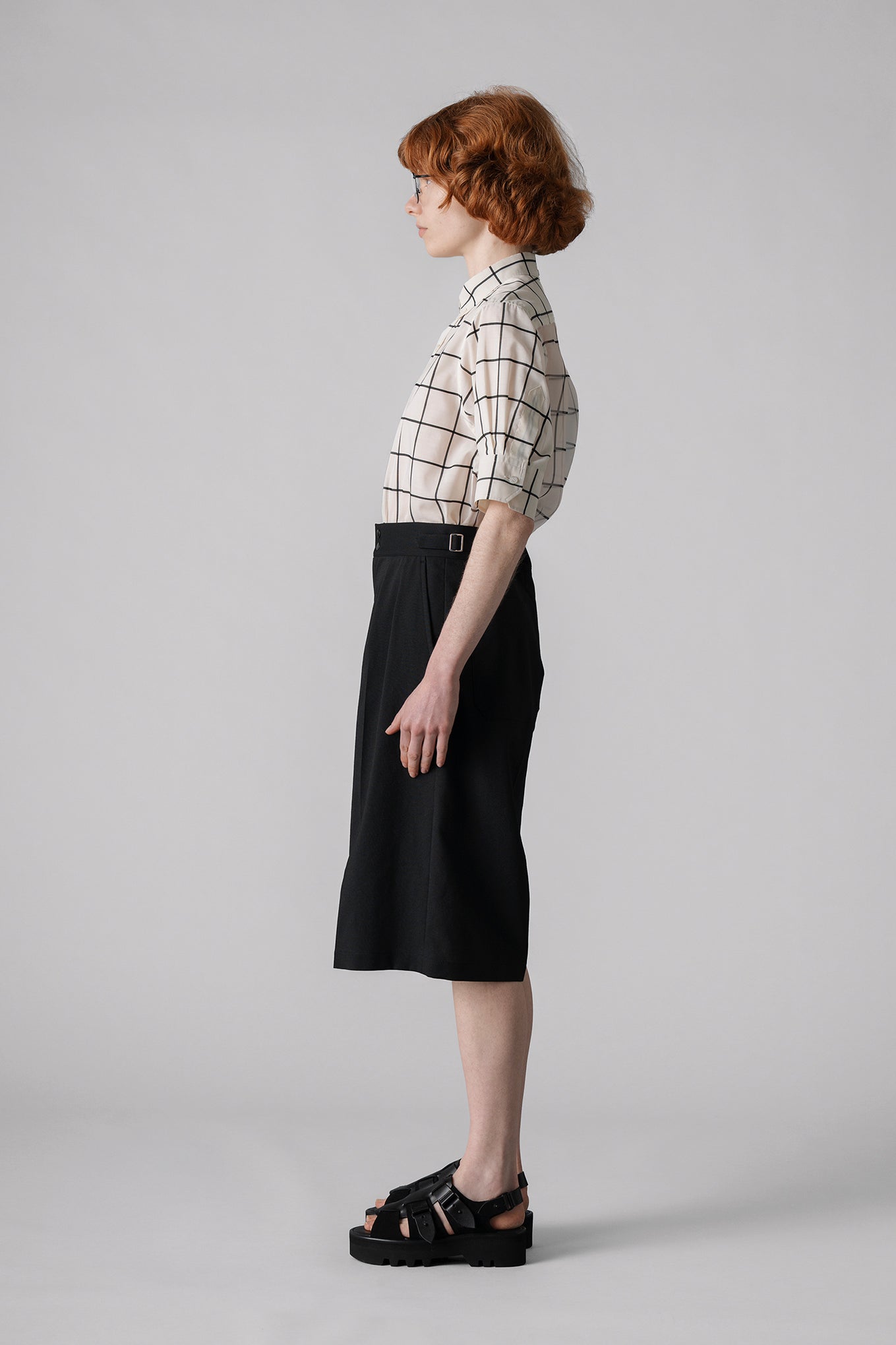 SHEER BACK WINDOWPANE SHORT-SLV BLOUSE