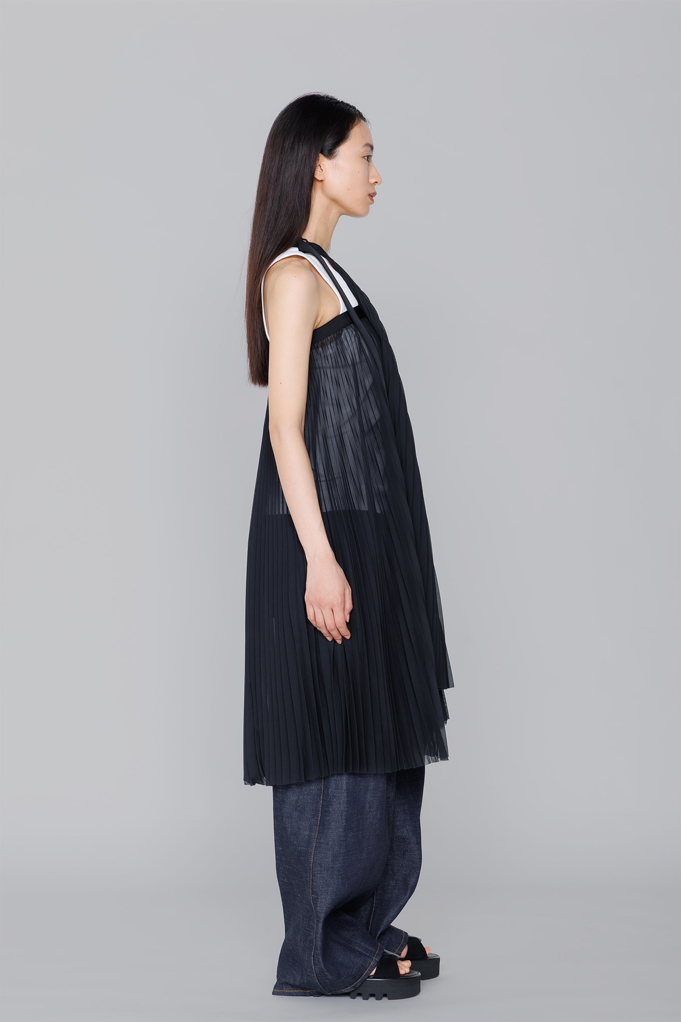 SHEER PLEATED WRAP DRESS