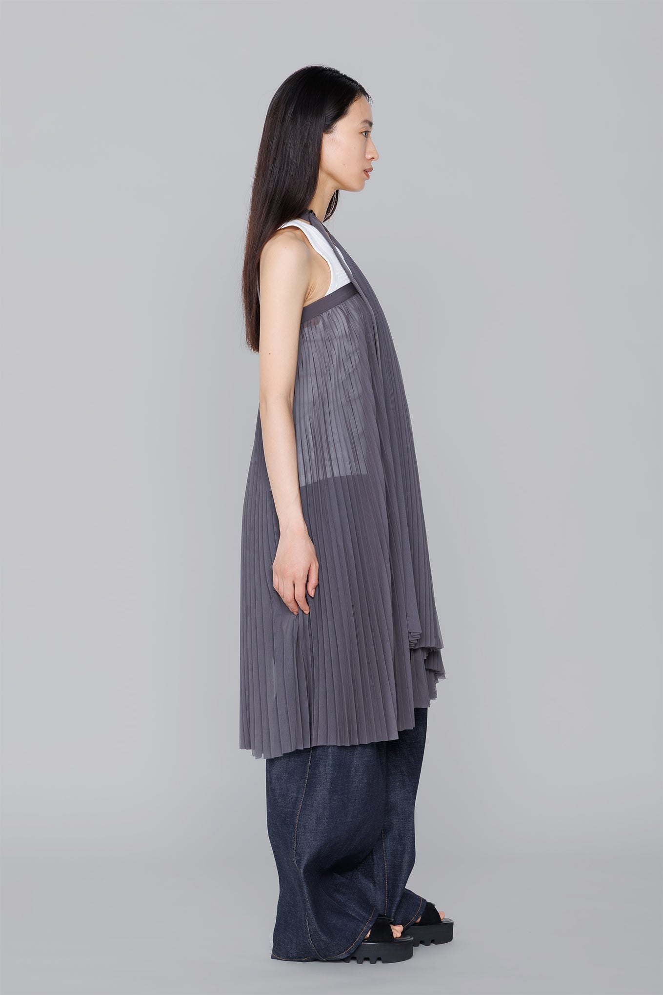 SHEER PLEATED WRAP DRESS