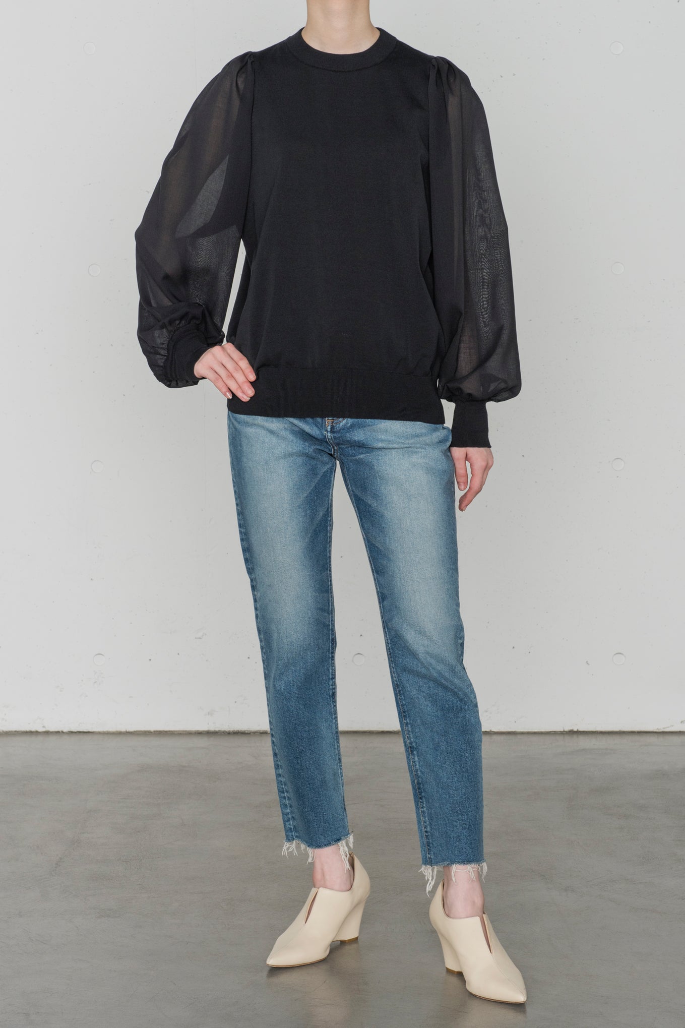 CREW NECK SWEATER WITH SHEER SLEEVES – HYKE ONLINE STORE